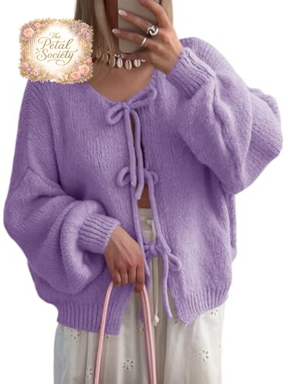 Tie Front Cardigan Oversized Bow Sweater Ribbed Knit Lantern Sleeve